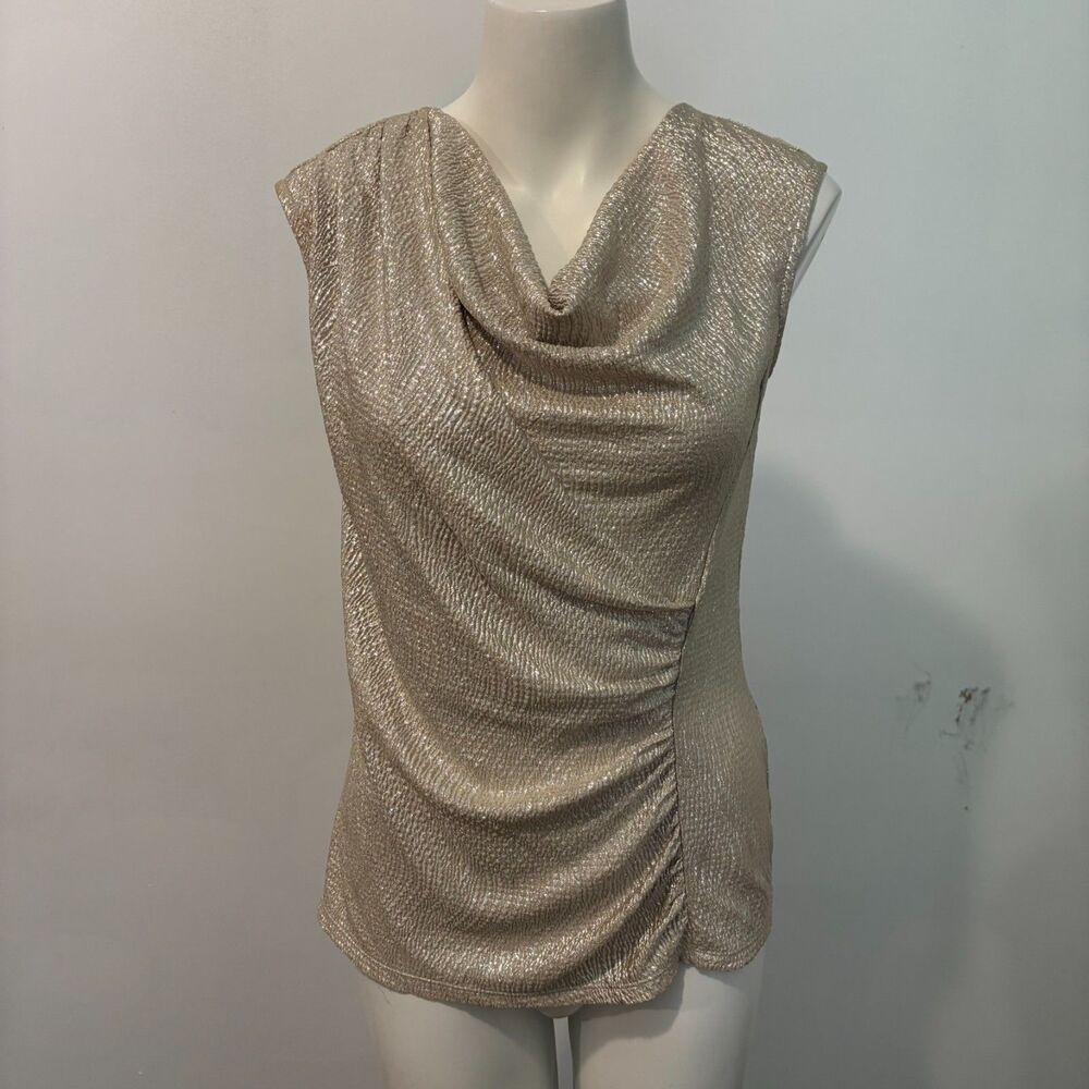 Dana Buchman size XS Gold Metallic Shimmery Cowl Neck 90s Ruched Sleeveless Top